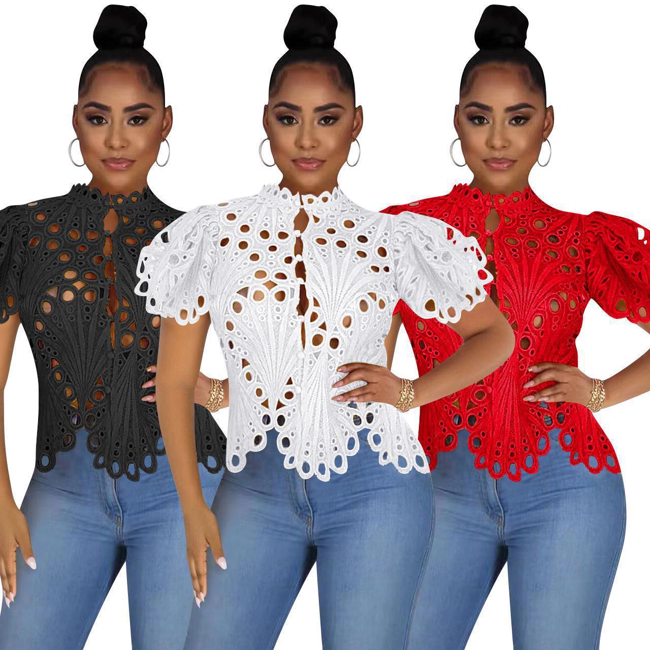 Sexy Cutout See-through Nightclub Puff Short Sleeve Irregular Top Women's Lace Shirt