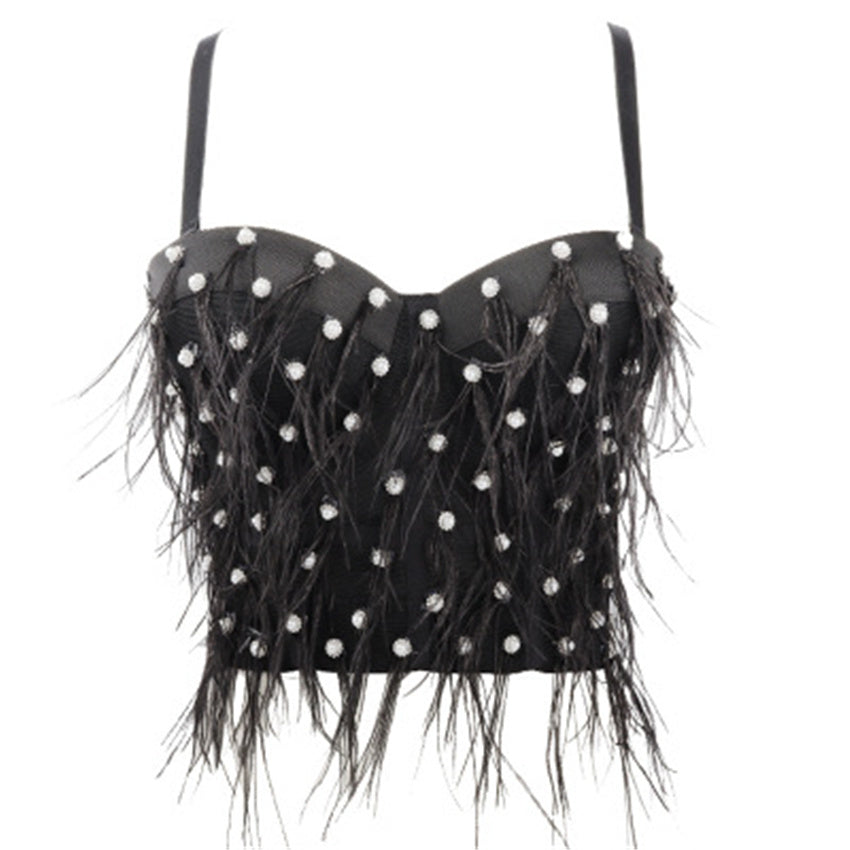 Diamond-encrusted Feather Tassels Outer Wear And Inner Tube Top