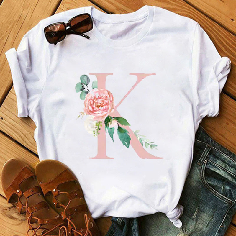 Camiseta informal con estampado de flores y letras INS26 para mujer