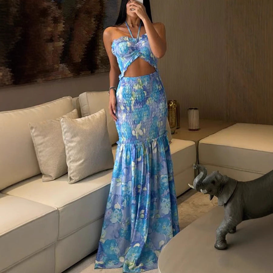 Halterneck Printed Pleated Dress Loose