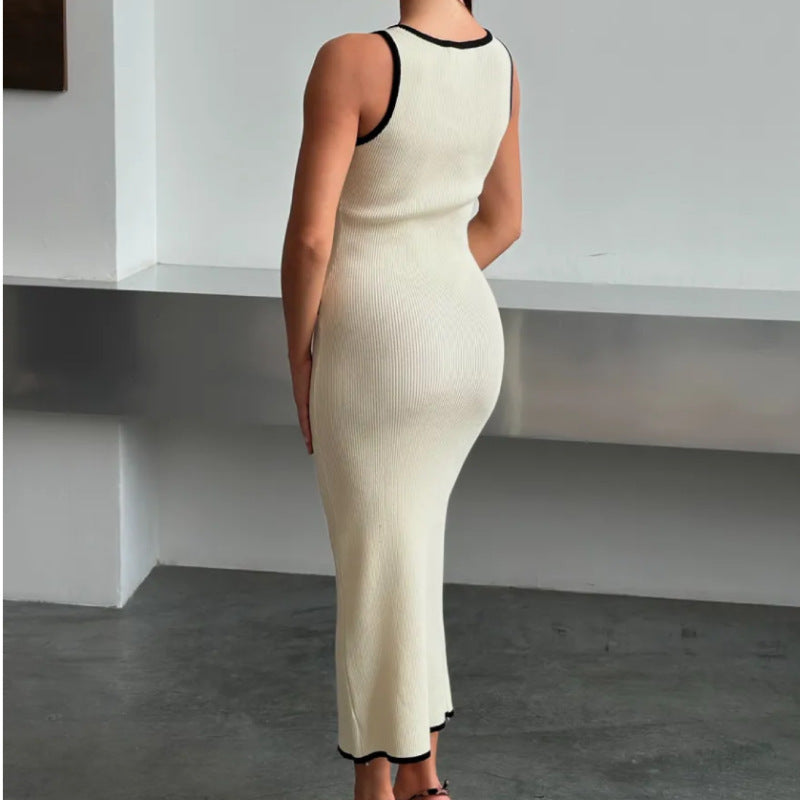 Vest-style Dress Contrast Color Single Row Multi-buckle Slit Long Knitted Dress