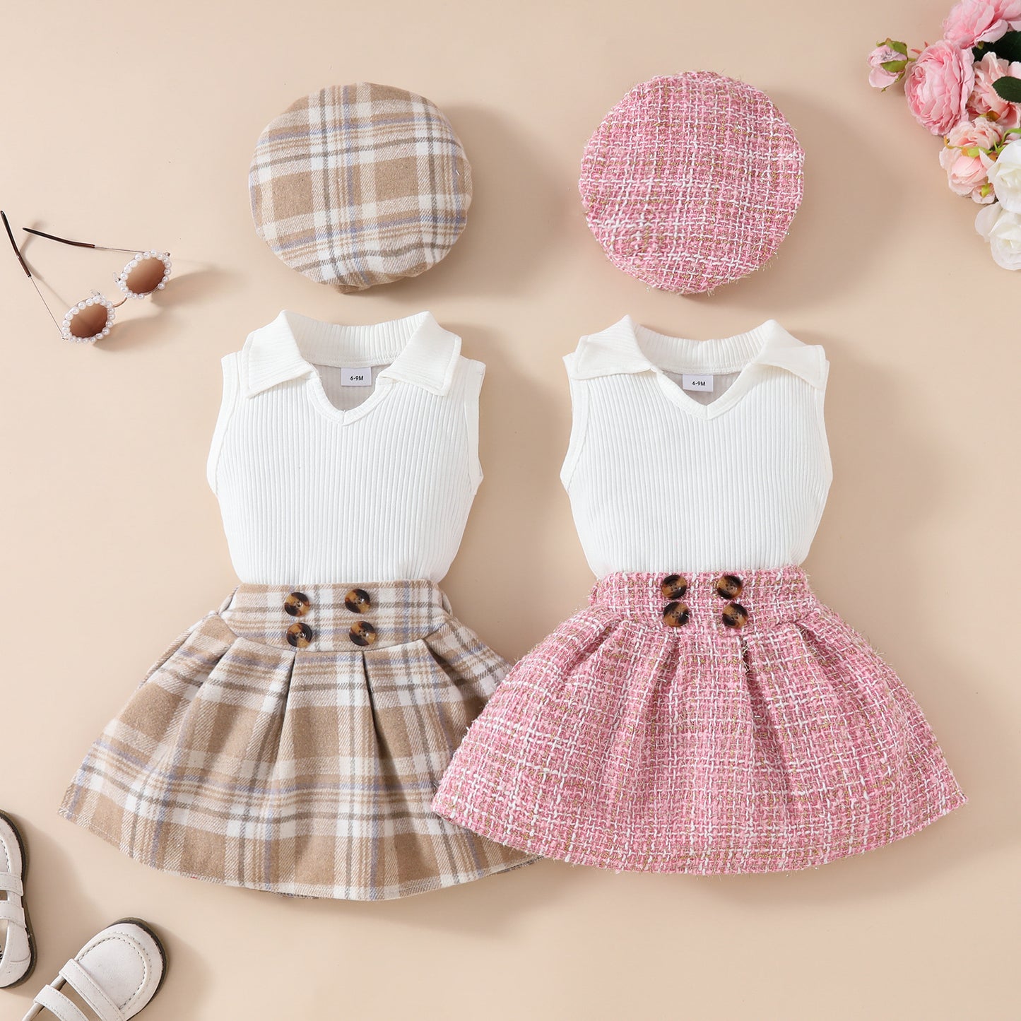 Traje de falda de tartán con top de boina de moda para niñas