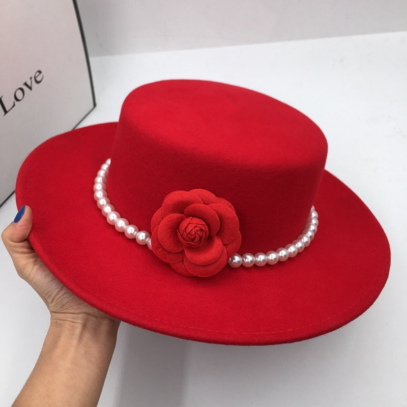 Red Wool Tweed Elegant Small Incense Pearl Flowers Flat Top Wide Brim Hat