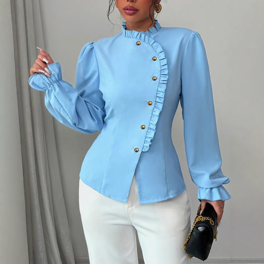 Women's Elegant French Asymmetrical Button-down Collar Ruffle Long Sleeve Blouse