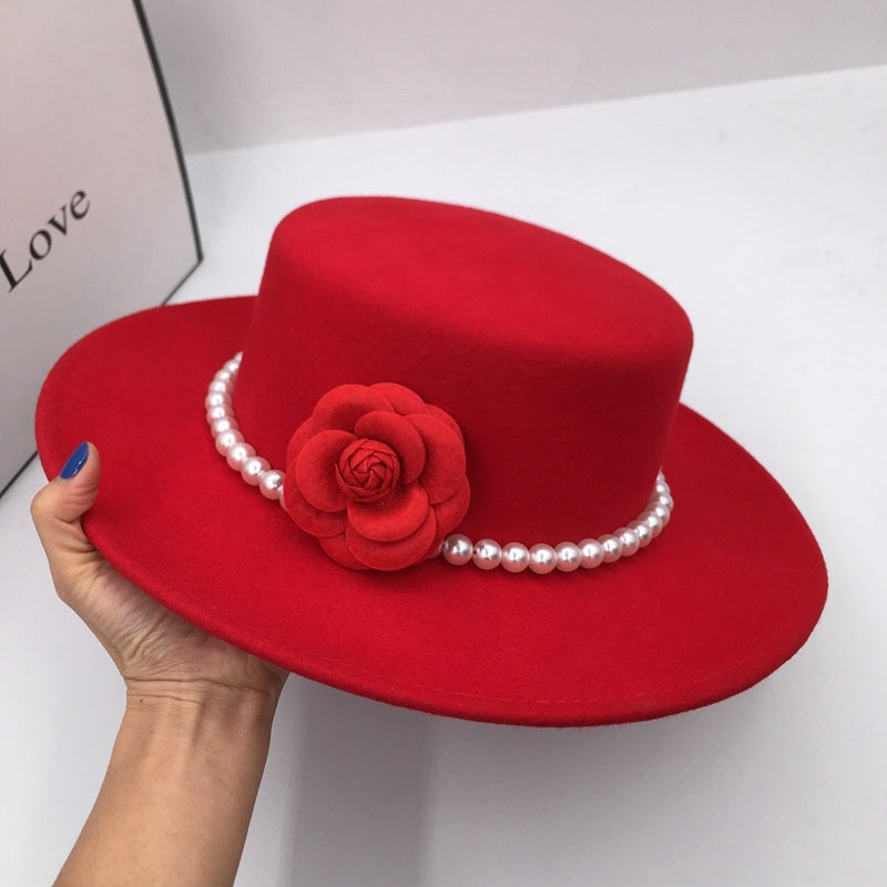 Red Wool Tweed Elegant Small Incense Pearl Flowers Flat Top Wide Brim Hat