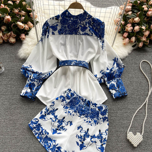 Women's Vintage Blue And White Porcelain Print Shirt Versatile Wide Leg Shorts