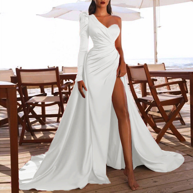 Long-sleeved Satin Dress With Long Slits And One-shoulder Tail