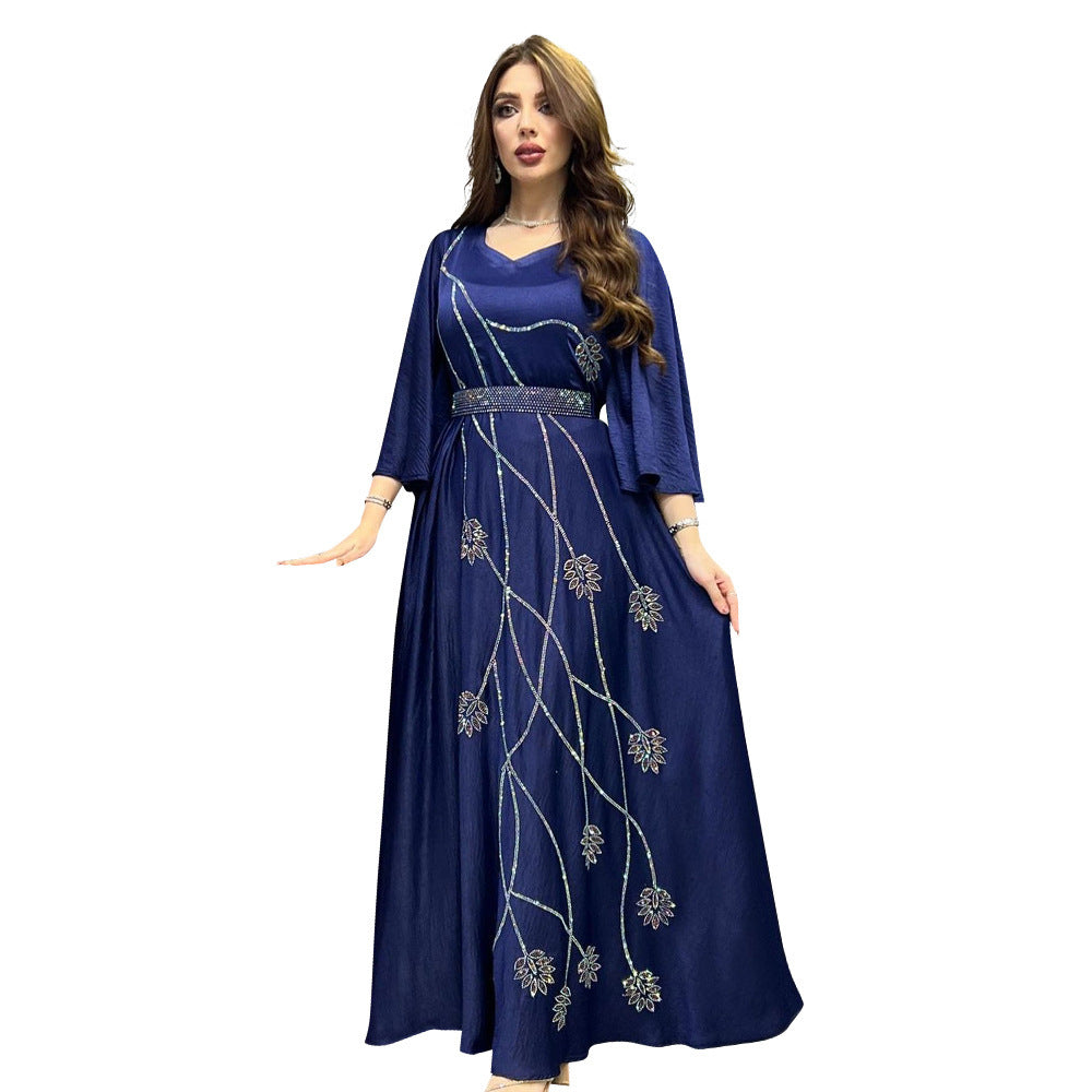 Muslim Leaves Pattern Rhinestone Belt Dubai Robe Gown