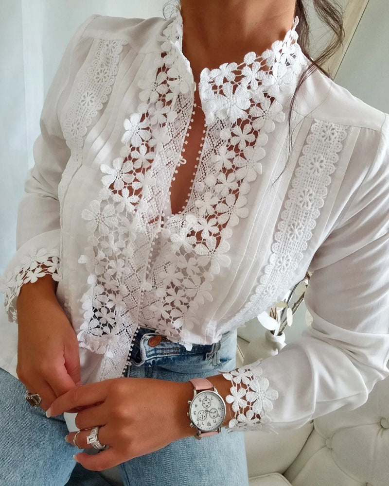 Camisa de manga larga con encaje floral blanco para mujer