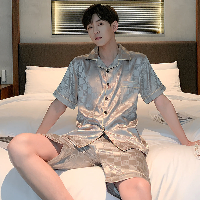 Men's Pajamas Ice Silk Thin Short Sleeve Plus Size Loose Real Silk Jacquard Youth Homewear Suit