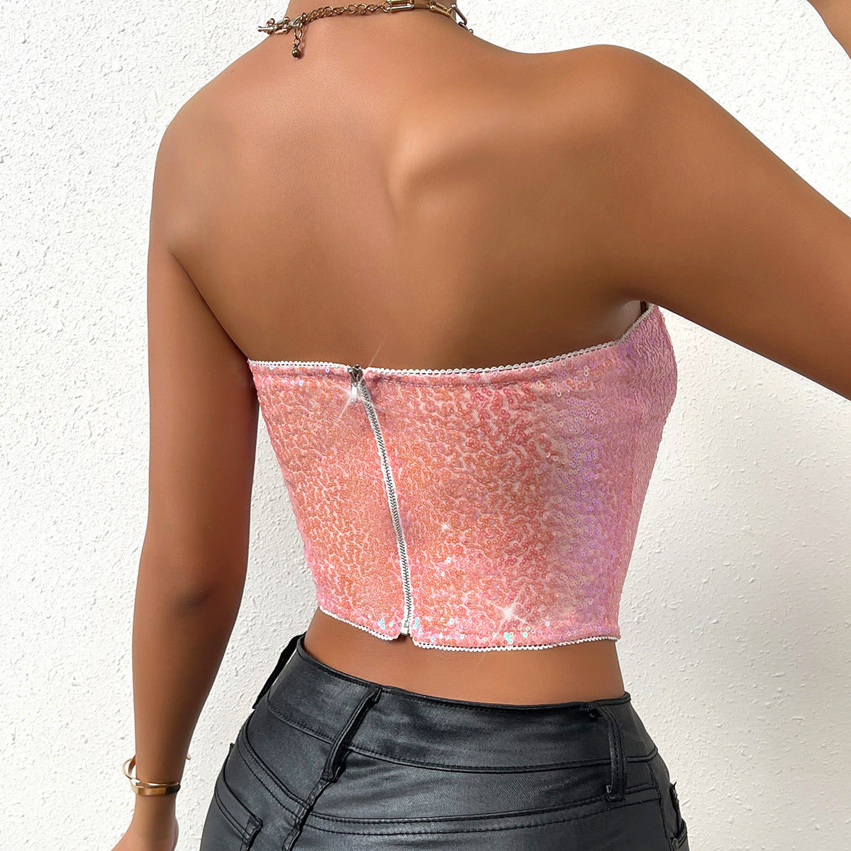 Fashion Sequin Zipper Heavy Industry Tube Top