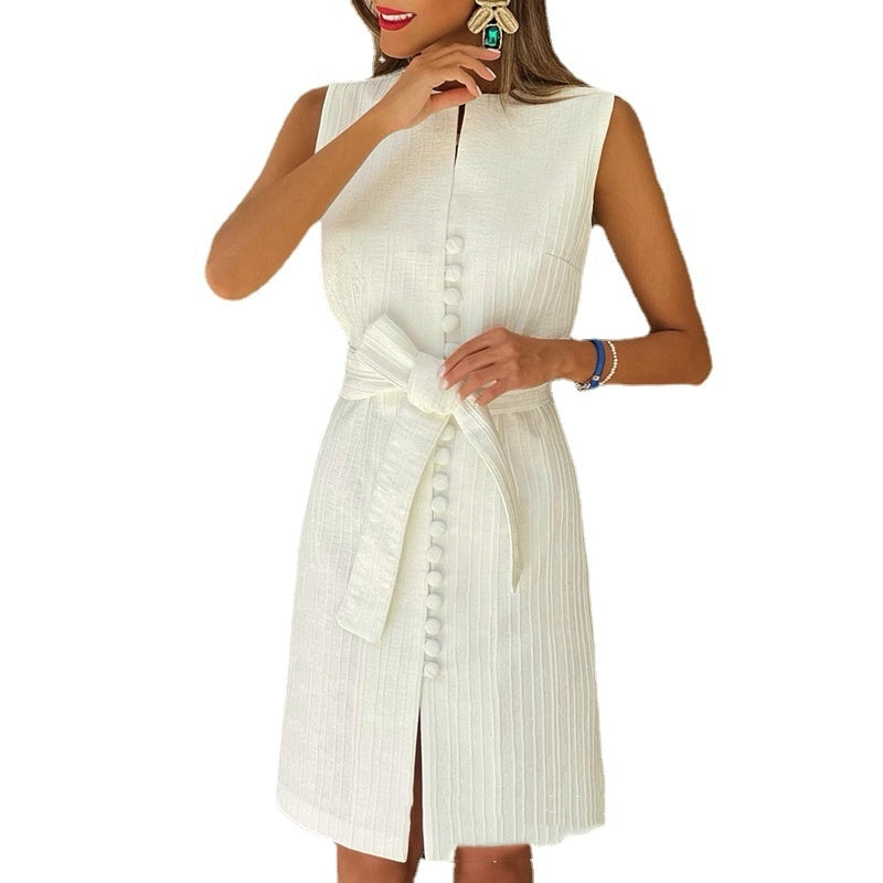 White Three-dimensional Texture Sleeveless Slim Fit Dress Belted