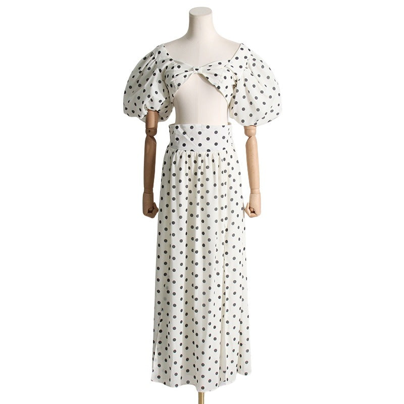 Woman Square-neck Puff Sleeve Top High Waist Slit Polka Dot Printed Dress Suit