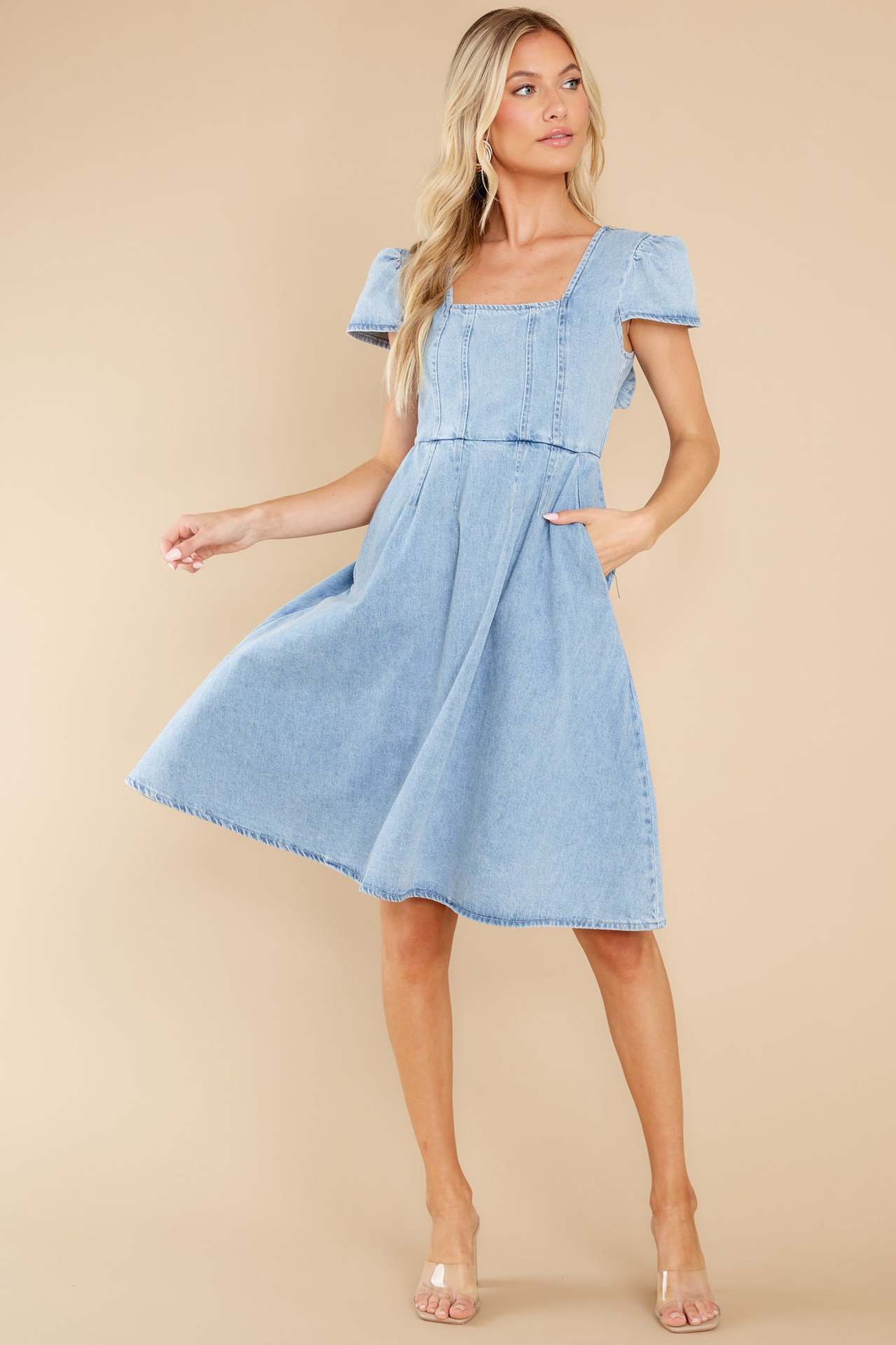 Commute Pure Color Ordinary Washed Denim Dress