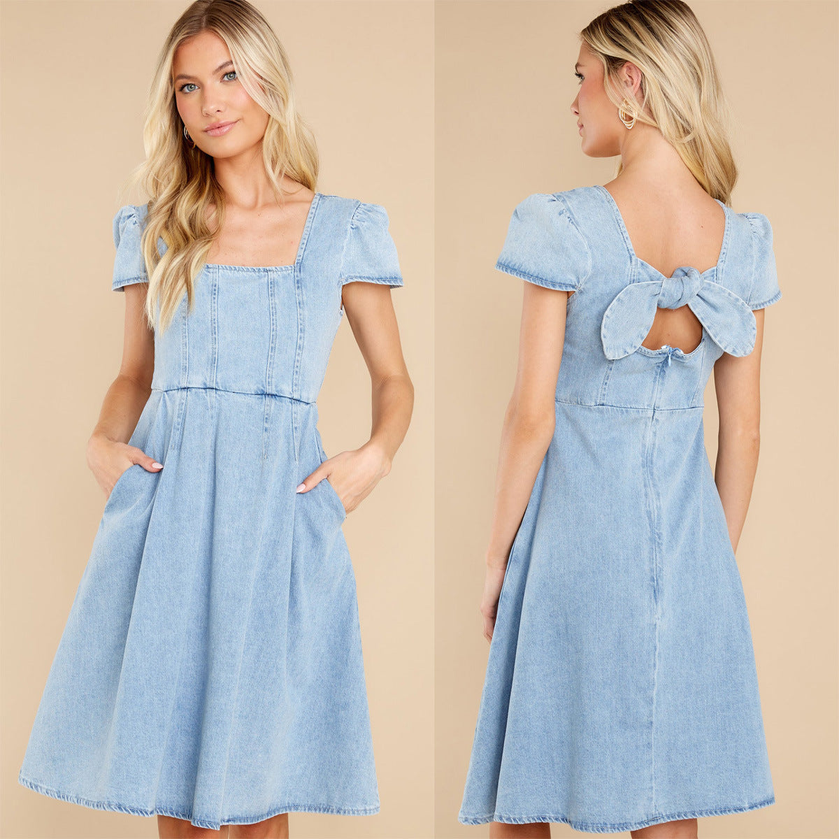 Commute Pure Color Ordinary Washed Denim Dress