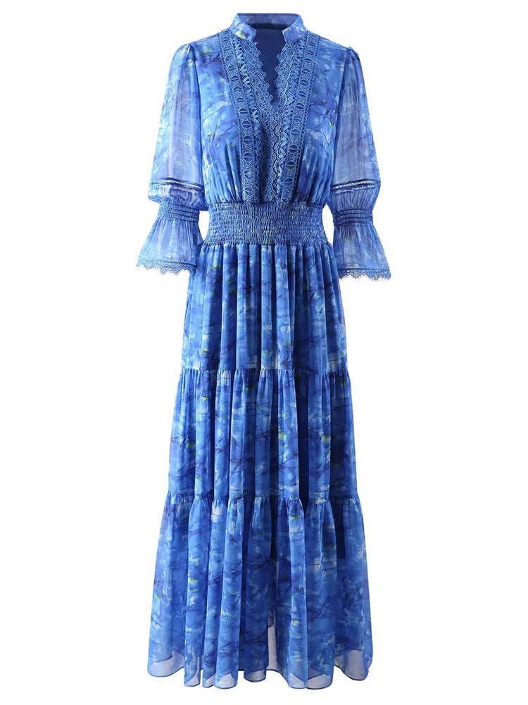 V-neck Blue Printed Flared Short Sleeve Chiffon Dress