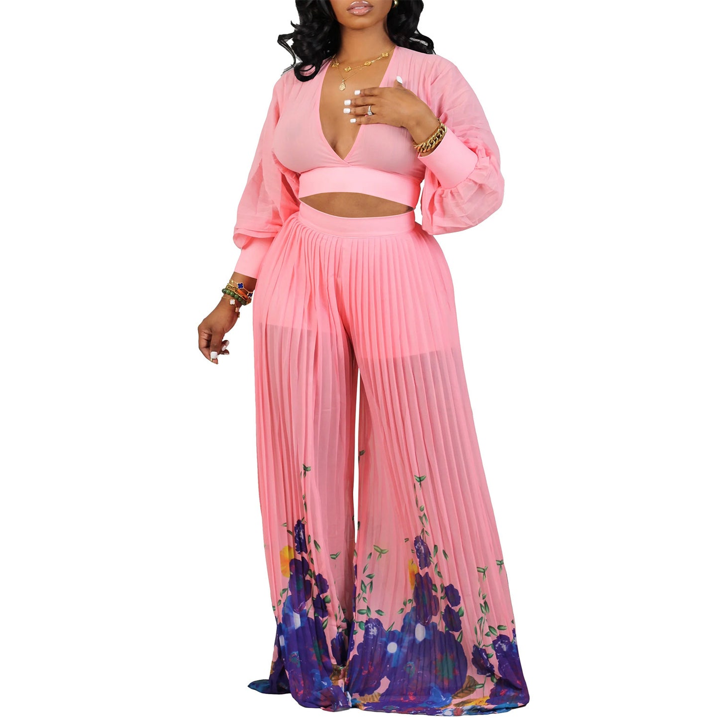 V-neck Chiffon Bishop Sleeves Top Pleated Wide-leg Pants Two-piece Set