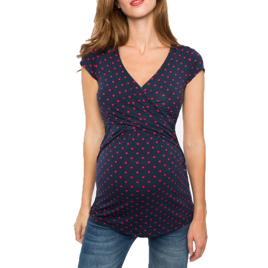 Cross V-neck Maternity Polka Dot Print Short Sleeve Nursing Top