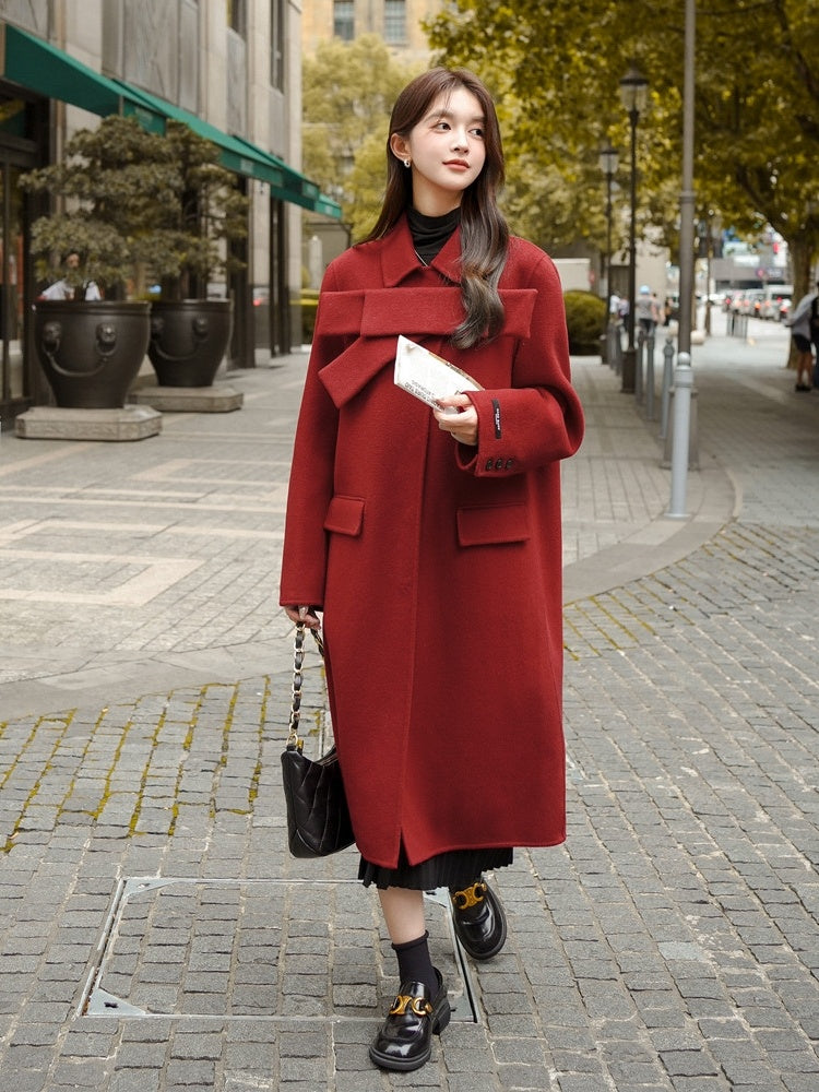 Women's Red Bowknot Woolen Coat