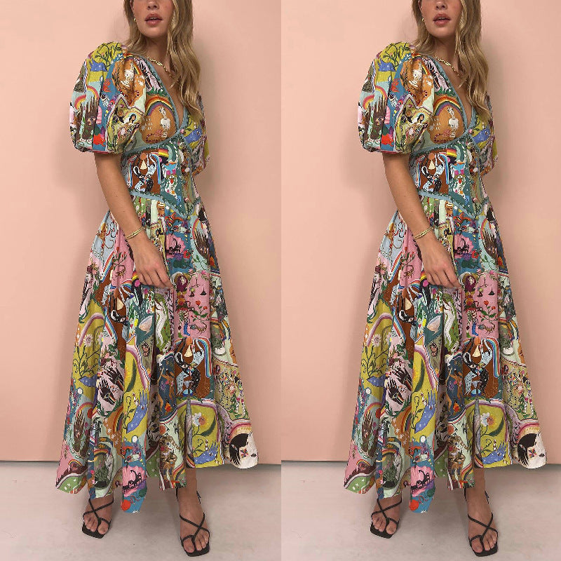 Vestido informal de algodón y lino con escote en V y dobladillo grande para mujer