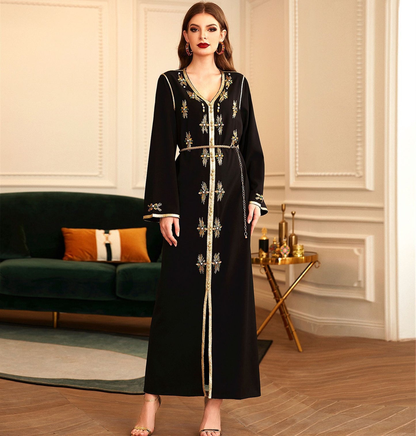 Female Phnom Penh V-neck Gold Tube Rhinestone Robe