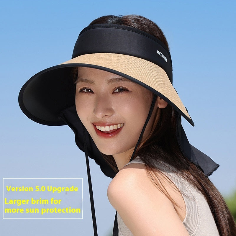 Upgraded Plus-sized Hat Brim Visor Straw Hat UV Protection Ponytail Sun Protection Hat