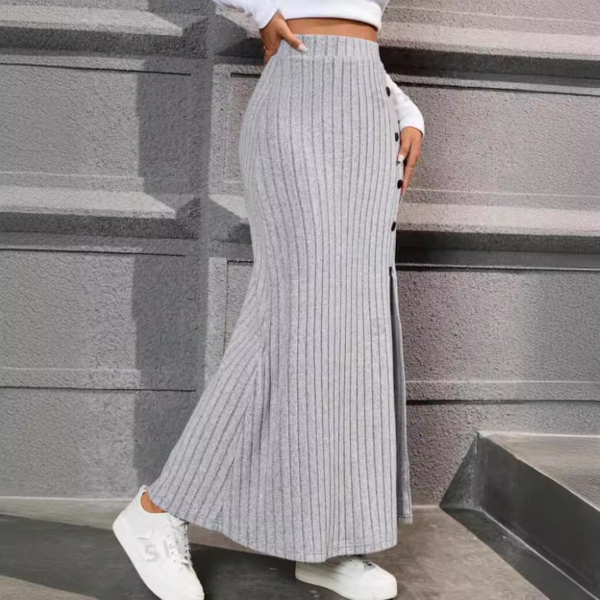 Women Knitted Dress Sunken Stripe Slit Fastener Decoration Sheath Skirt