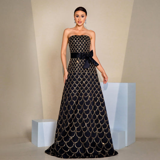 Off-neck Wrapped Chest Nipped-waist Large Swing Sequined Evening Dress