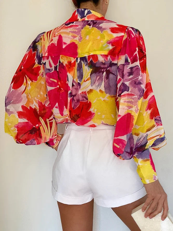 Camisa de moda con manga farol estampada de verano para mujer