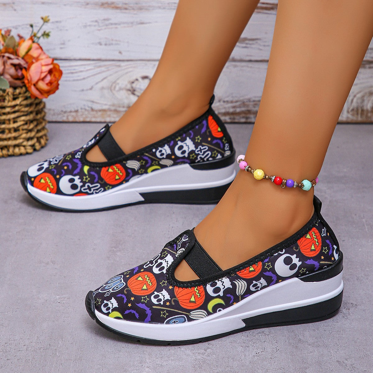 Halloween Pumpkin Ghost Print Flat Shoes Casual Thick-soled Round Toe Casual Shoes For Women