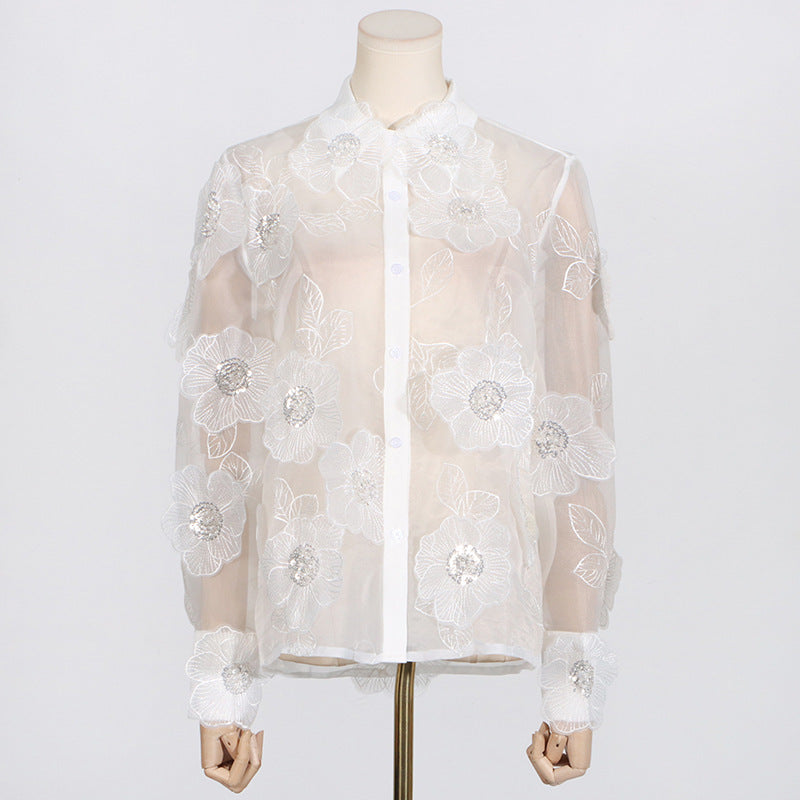 Fashion Polo Collar Heavy Industry Organza Embroidery Three-dimensional Flowers Sequin Stitching Sense Of Design Shirt