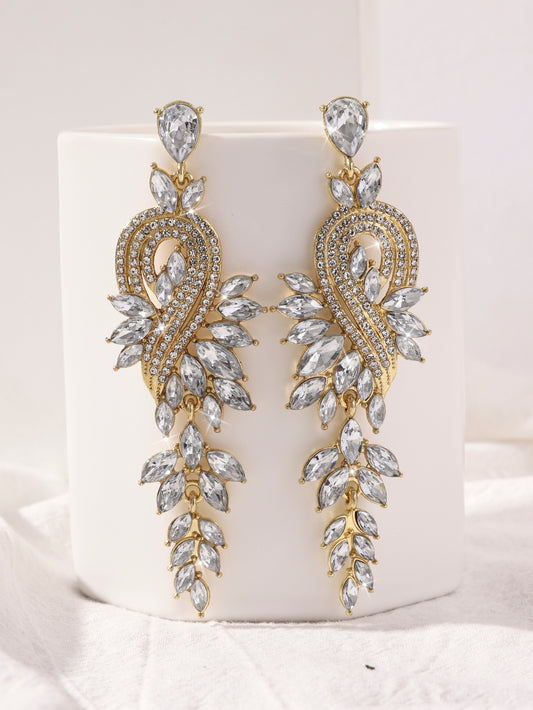 Elegant And Exquisite Fashion Leaf Note Colored Crystal Long Earrings, Retro Light Luxury Exquisite Earrings