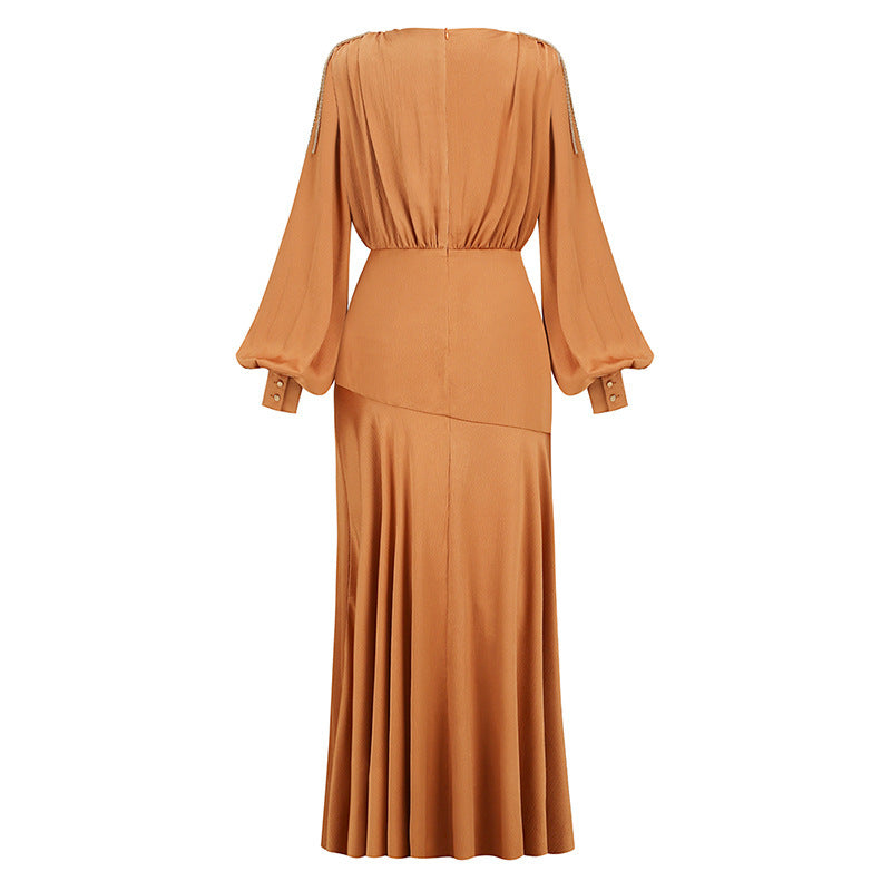 Flared Sleeve Slit Elegant Pleated Dress