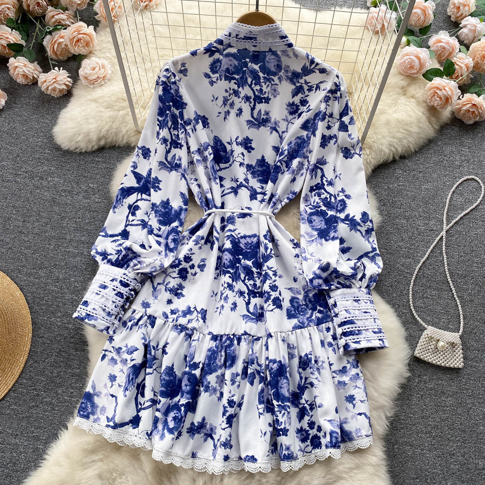 Stand-up Collar Elegant Single-breasted Puff Sleeves Fringed Waist Print Dress