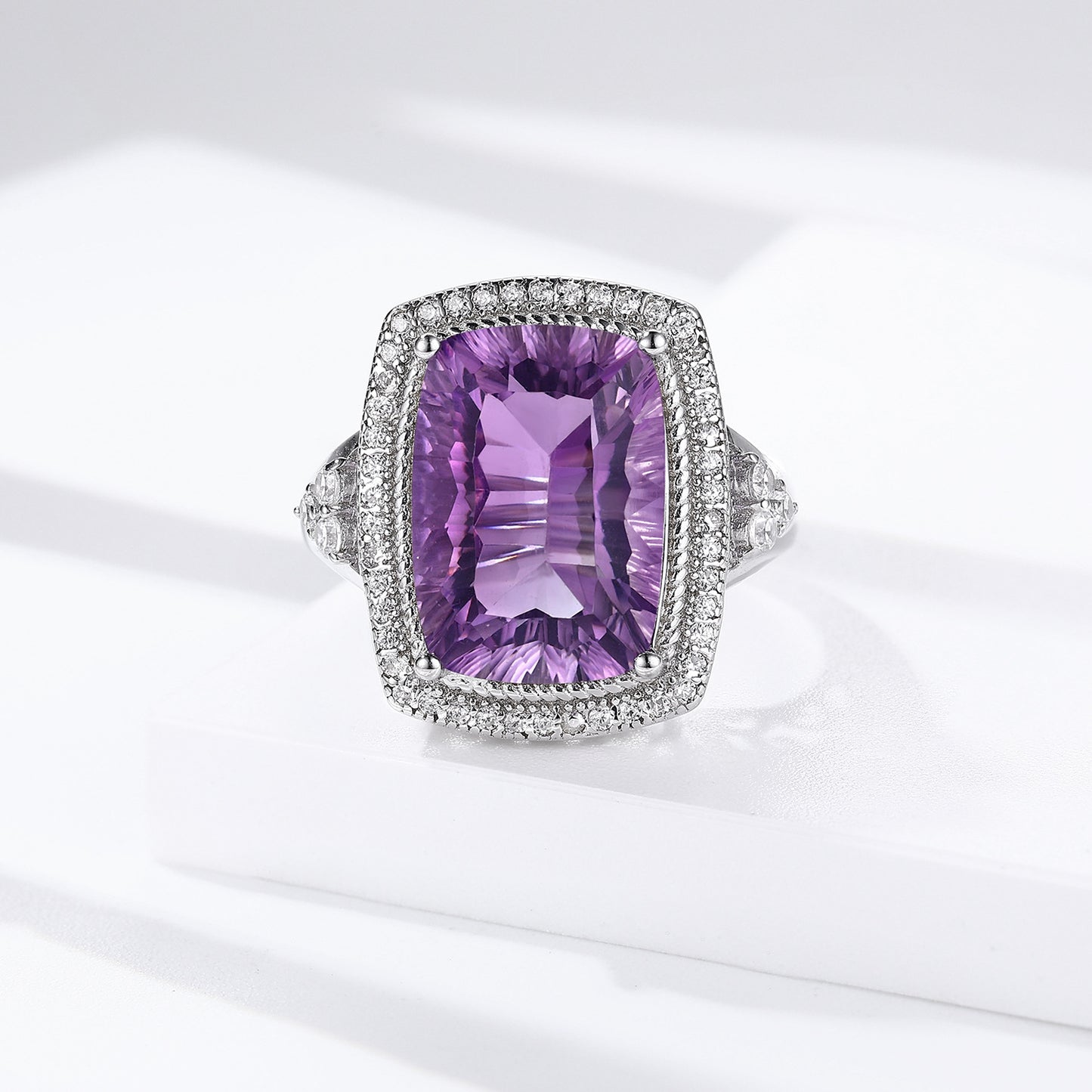 S925 Silver Set Pillow Shaped Millennium Cut Natural Amethyst Ring