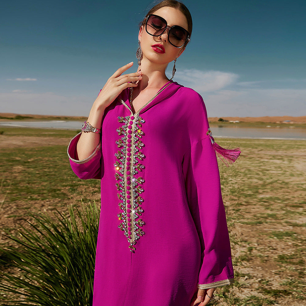 Vestido estilo Dubái marroquí de Oriente Medio con capucha de color rojo rosa para mujer