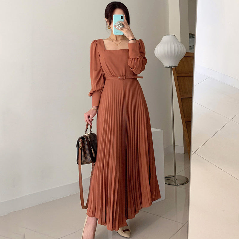 Square Collar Slim Waist Lantern Sleeve Long Pleated Dress