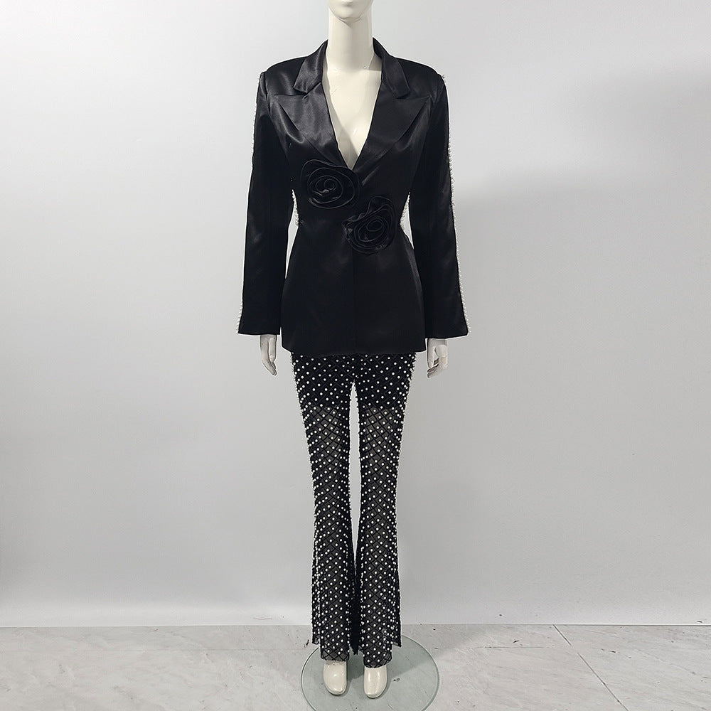 Suit Pearl Sequin Gauze Trousers Suit Dress Two Pieces