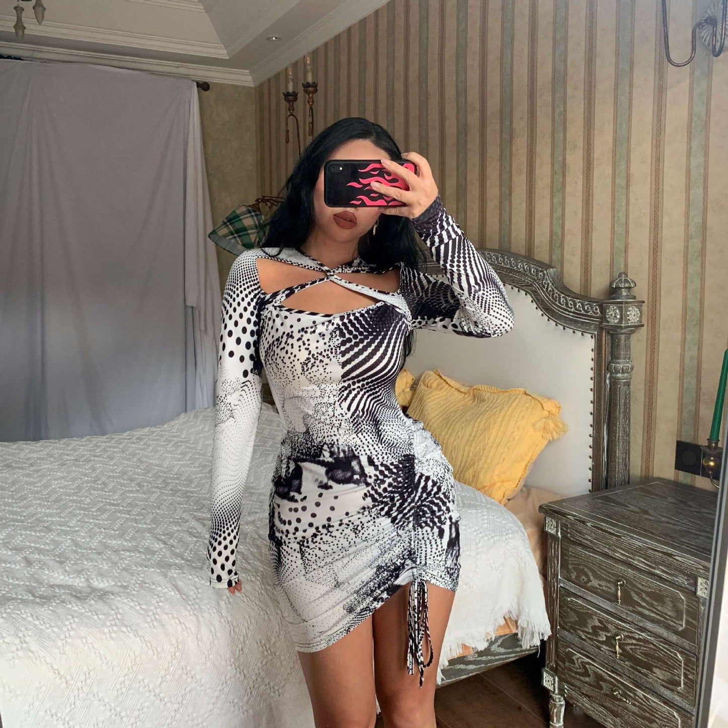 Hollow Drawstring Long Sleeved Printed Dress