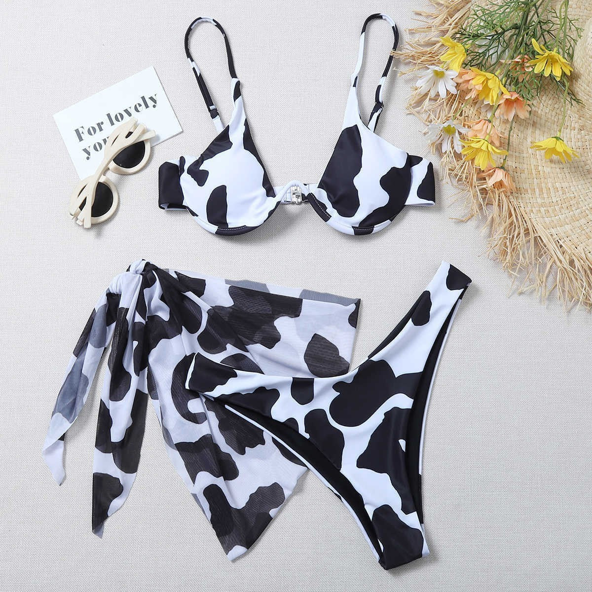 Traje de baño de tres piezas Bikini con estampado de vaca para mujer