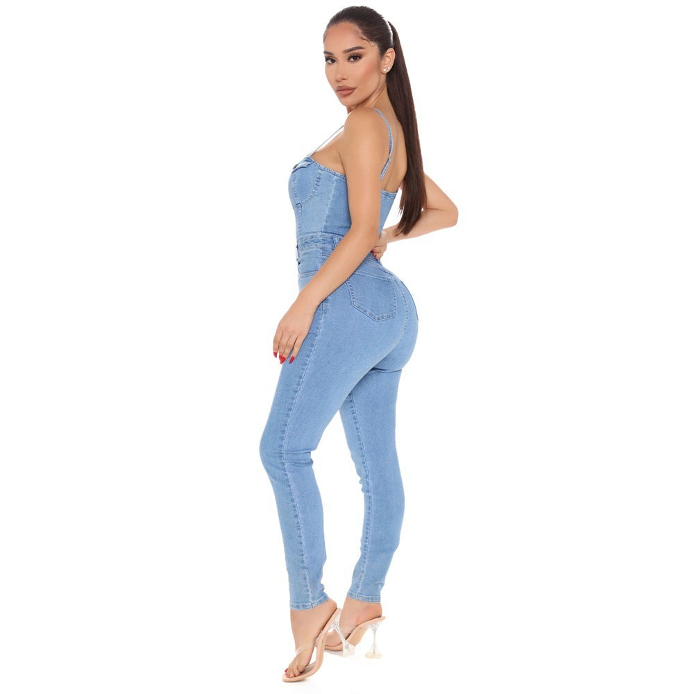 Casual Nightclub Women's High Elastic Denim Jumpsuit