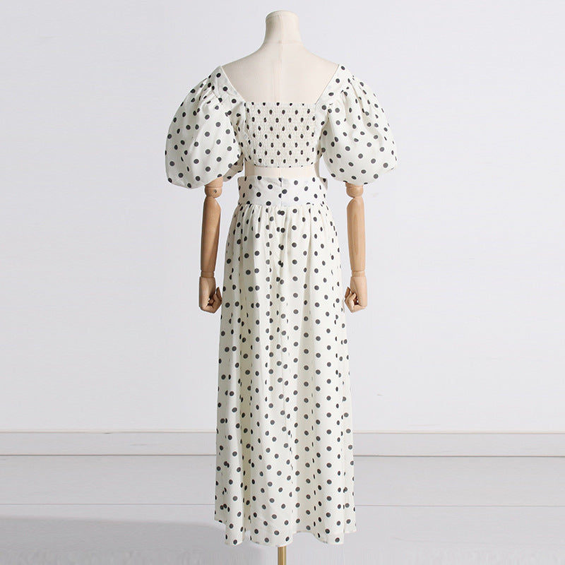 Woman Square-neck Puff Sleeve Top High Waist Slit Polka Dot Printed Dress Suit