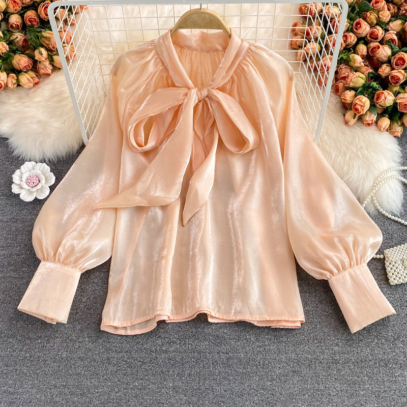 Super Fairy Loose Belly-covering Bow Lace-up French Plus Size Shirt Long Sleeve Elegant Top For Women