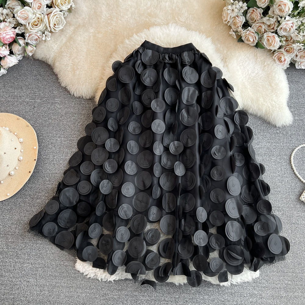 Retro High Waist Mid-length Three-dimensional Flower Mesh Skirt