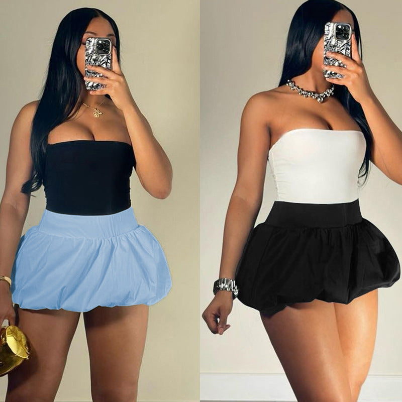 Pure Color All-matching Puffy High Waist Ultra Short Skirt