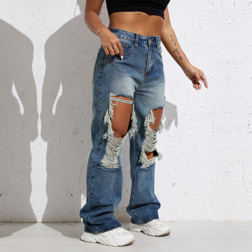 Pantalones vaqueros Shascullfites Melody Blue Wash Ripped Retro Straight Leg para mujer Pantalones vaqueros Pantalones vaqueros anchos Ropa de calle