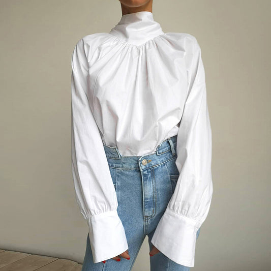 Women Bow Tie Shirt French High Collar