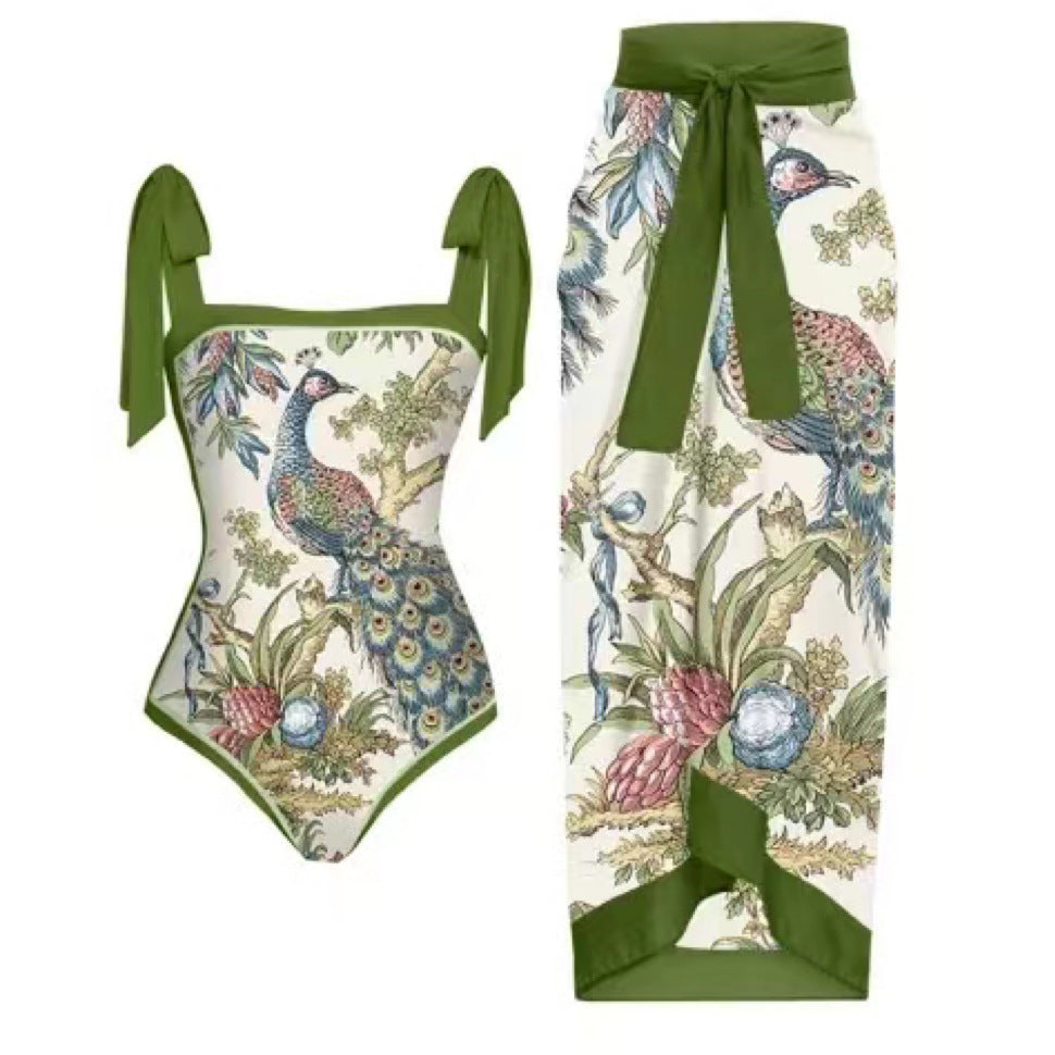 Traje de baño de una pieza con estampado de bikini de playa con tirantes de pavo real