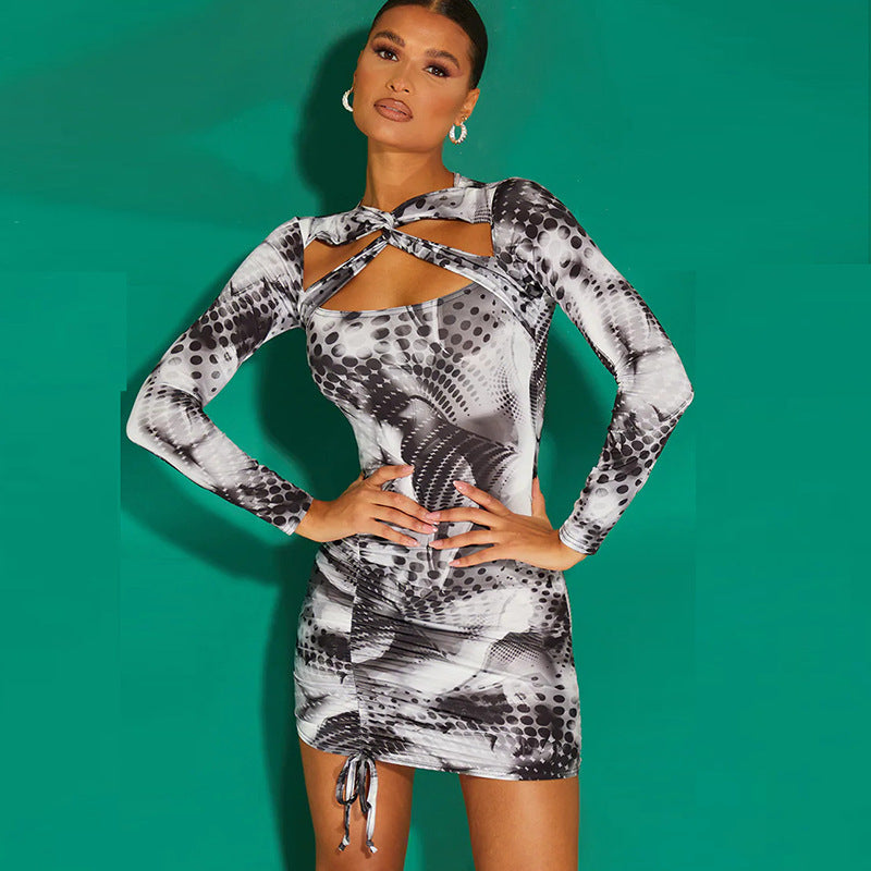 Hollow Drawstring Long Sleeved Printed Dress