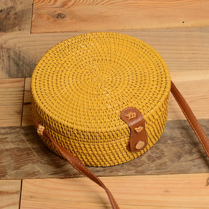 Handmade Rattan Weave Bag Dyed Straw Woven PU Shoulder Bag